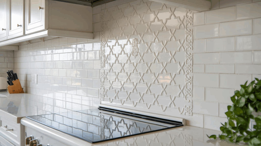 White Glossy Tiles with Patterned Edges<