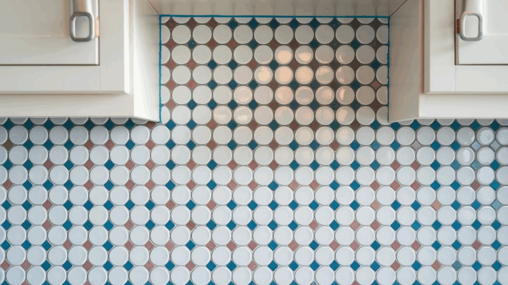 White Penny Tiles with Colored Grout