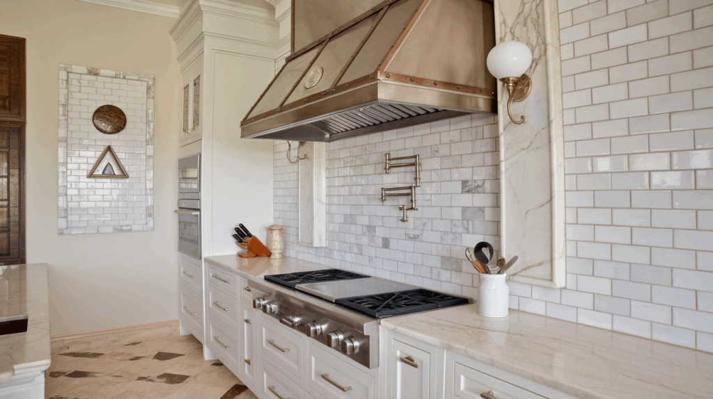 White Subway Tiles with Marble Accents