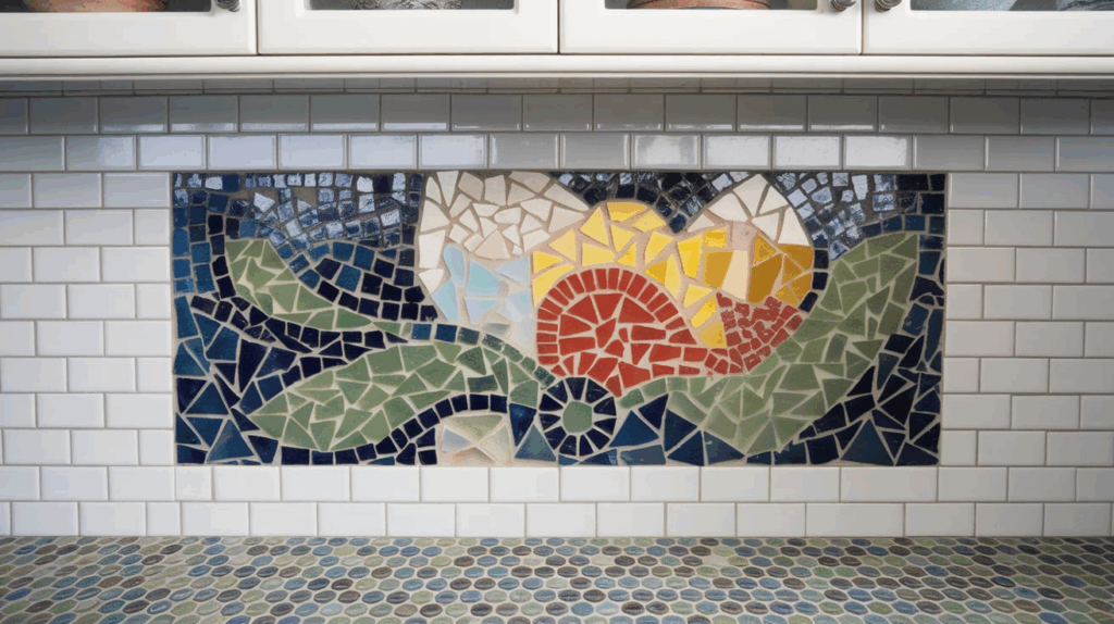 White Subway Tiles with Mosaic Insert
