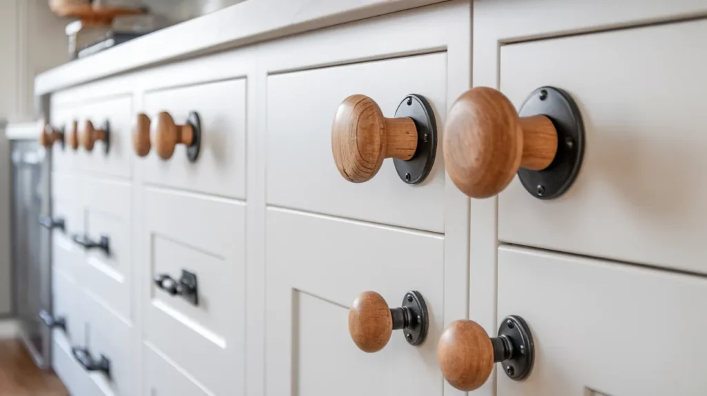 Wooden Knobs with Black Metal Pulls