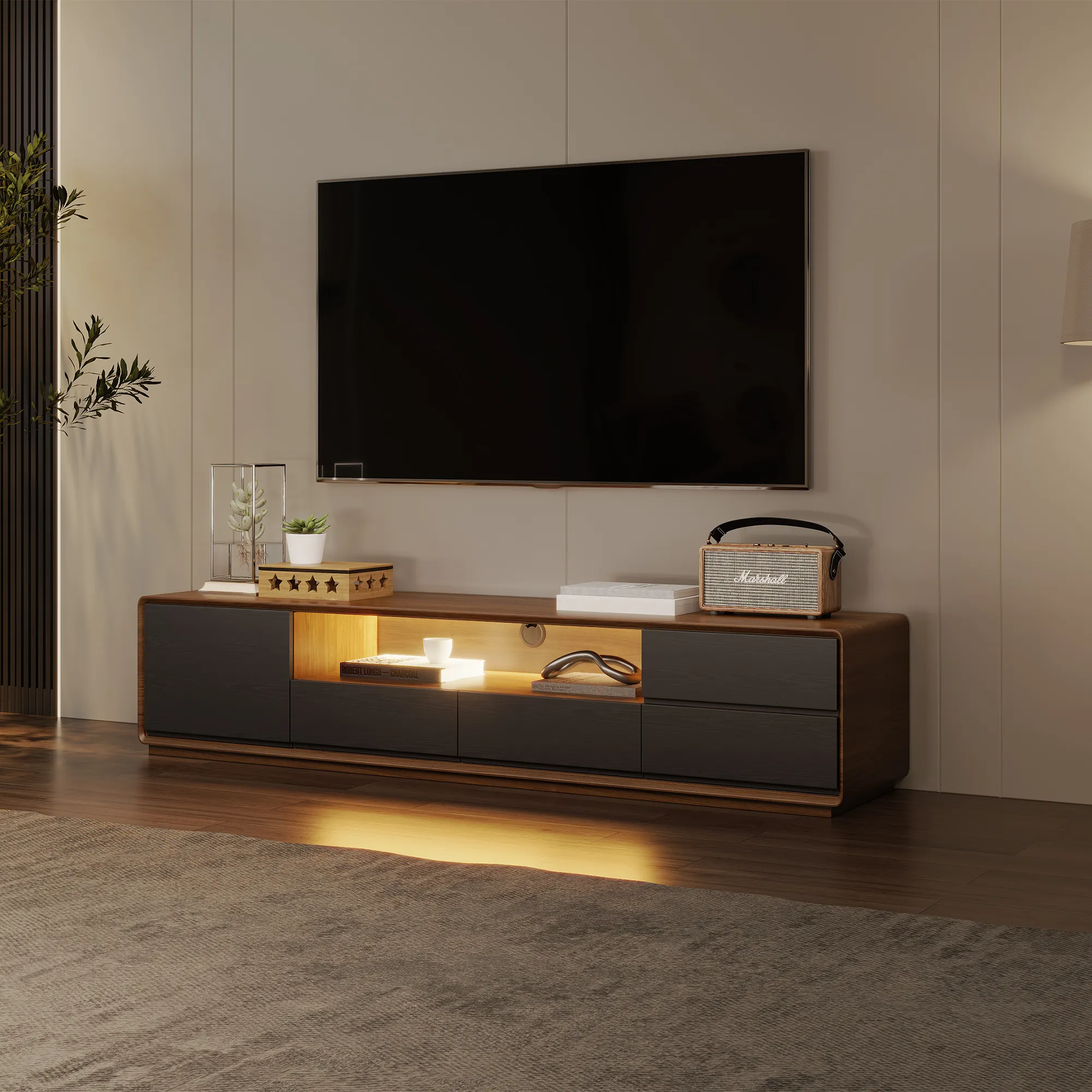 80” Modern Media Unit – Walnut Veneer with Matte White Accents
