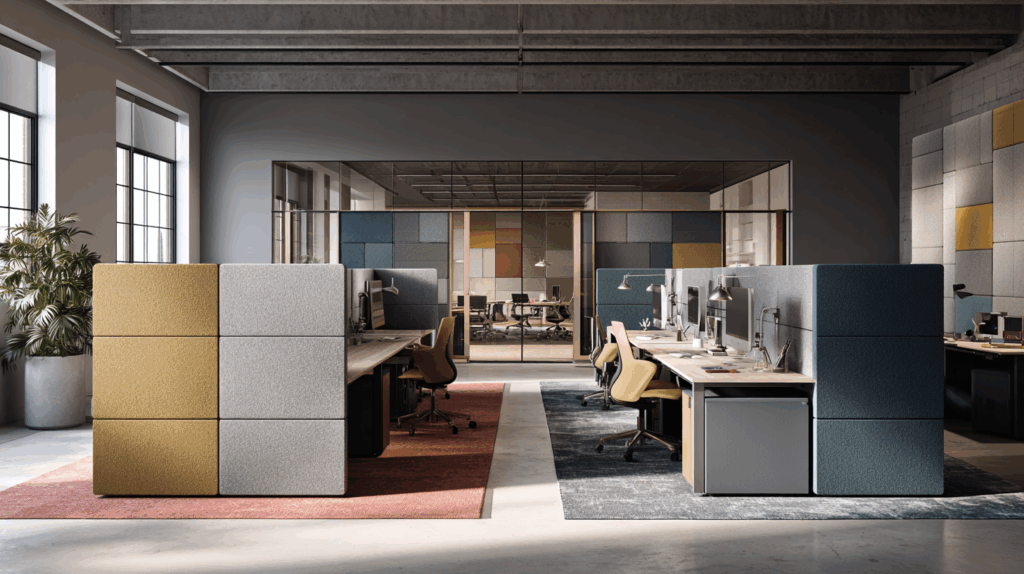 Add acoustic panels, rugs, or soft dividers