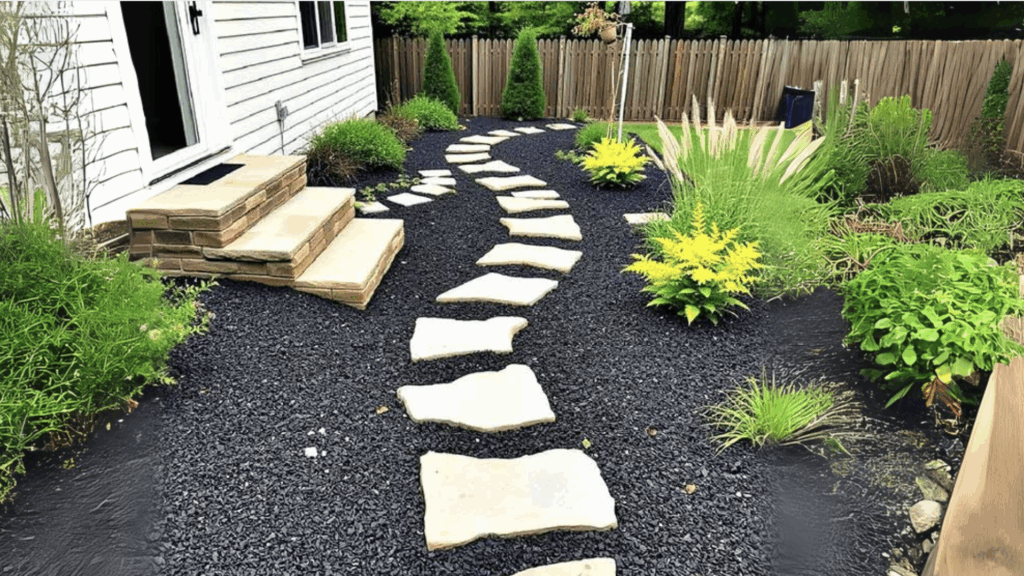Charcoal Mulch with White Pavers