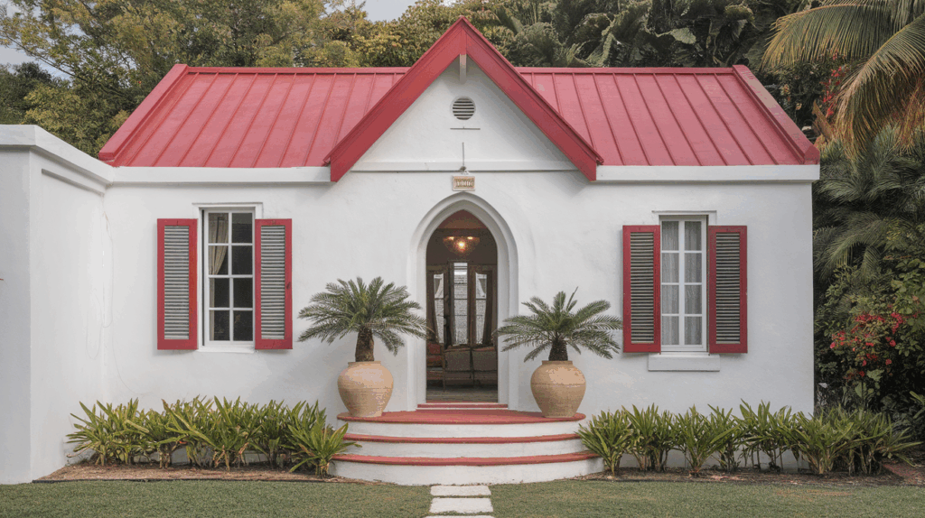 Crisp White House with Red Roof
