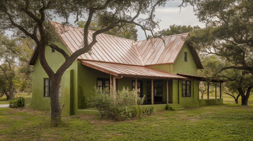 Earthy Green House with Copper Roof