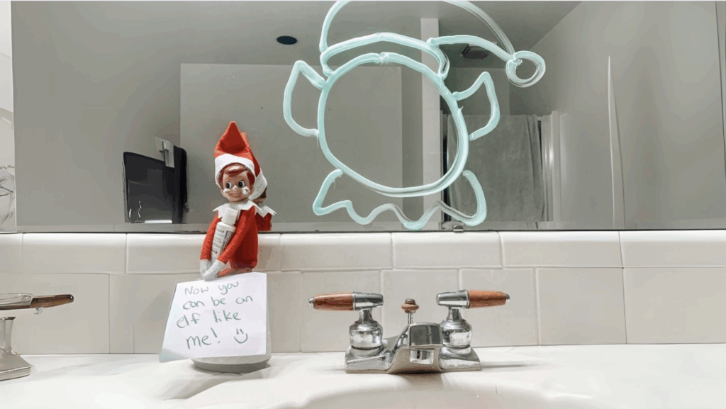Elf Drawing Funny Faces on the Bathroom Mirror