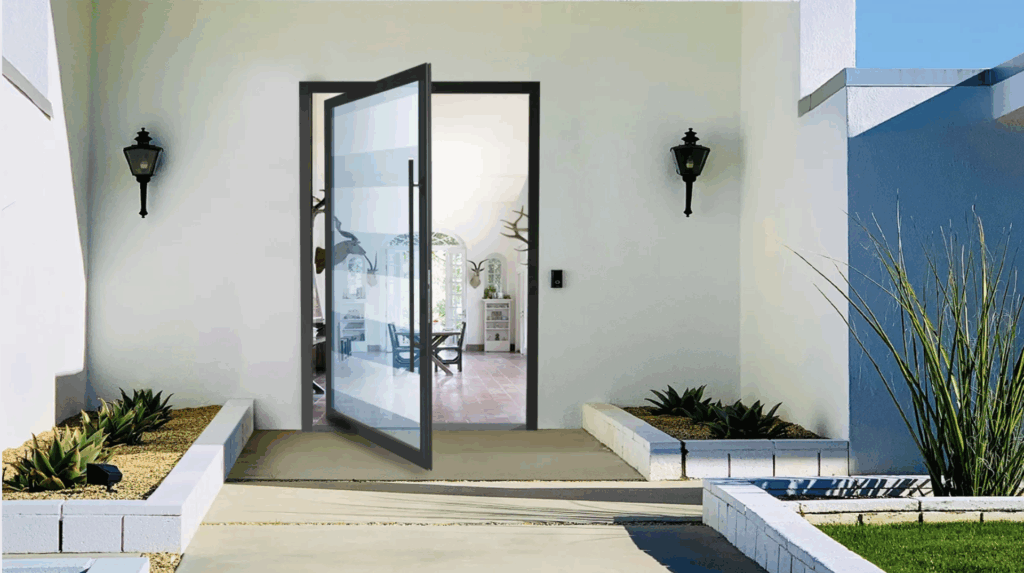 Glass Pivot Door with Black Frame
