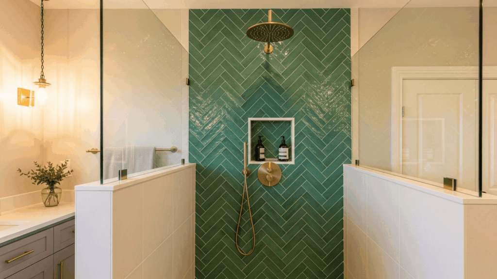Green Herringbone Shower Wall