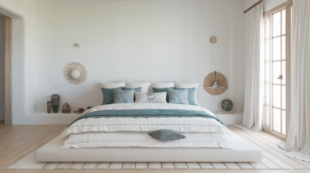 Layered White Bedding and Sea-Inspired Pillows