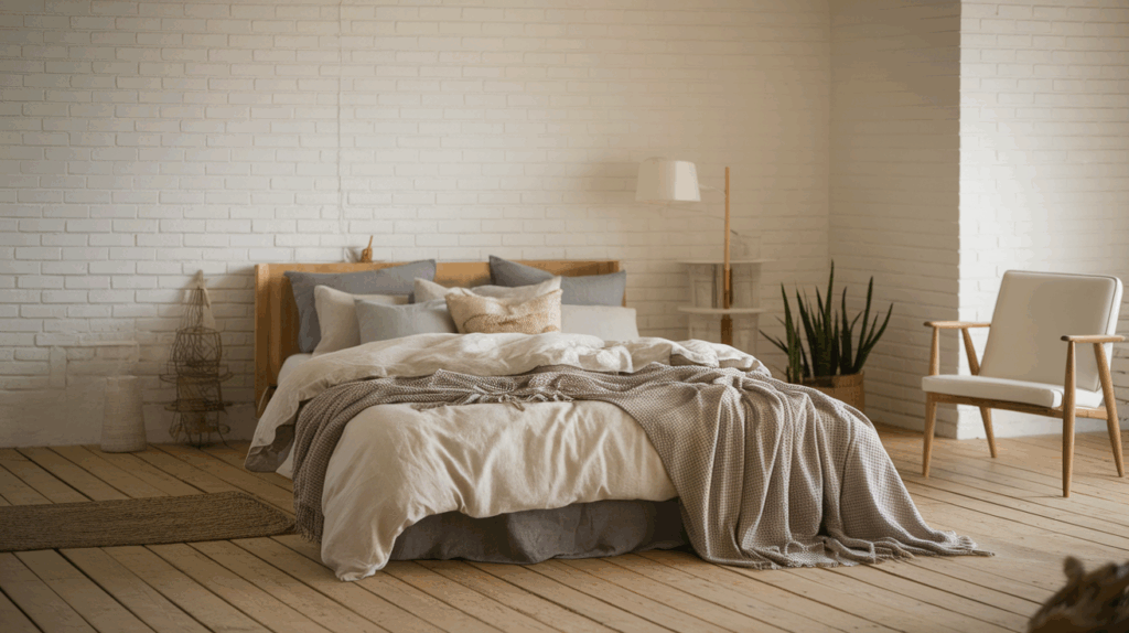 Light Brick Walls and Linen Bedding