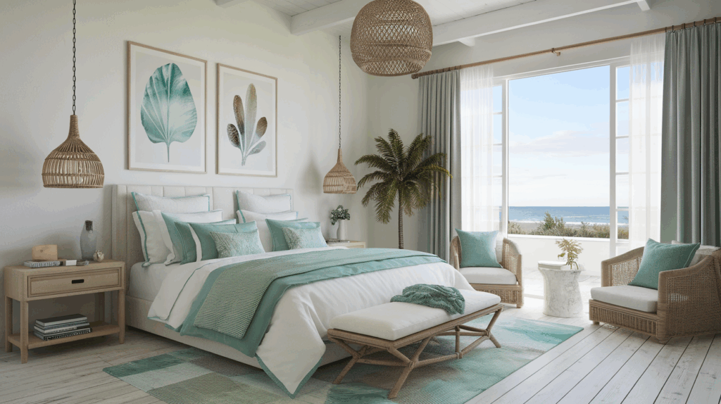 Light Floors and Blue-Green Bedding