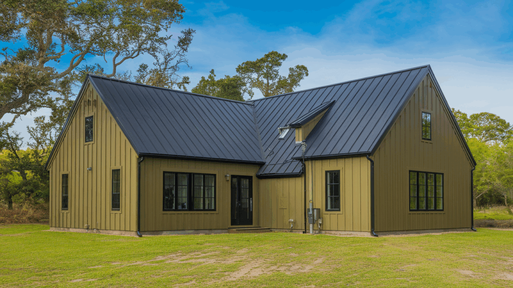 Olive Green House with Black Roof