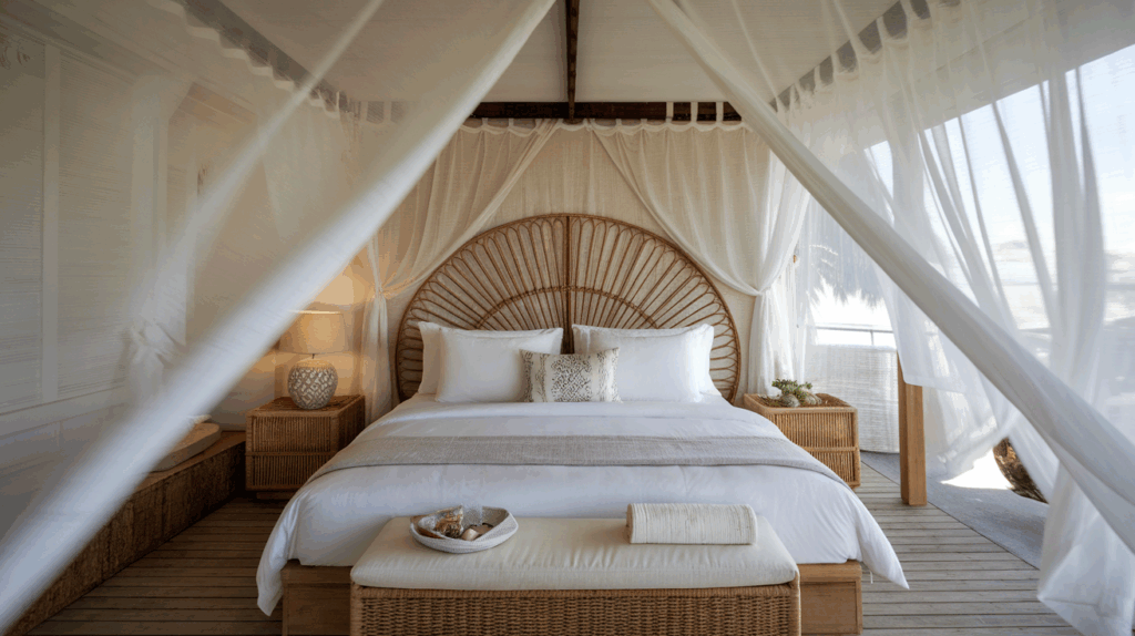 Rattan Headboard and Breezy Curtains
