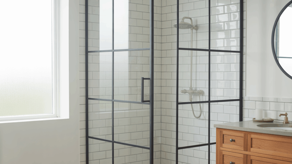 Scandinavian Bathroom with Black-Framed Shower Doors