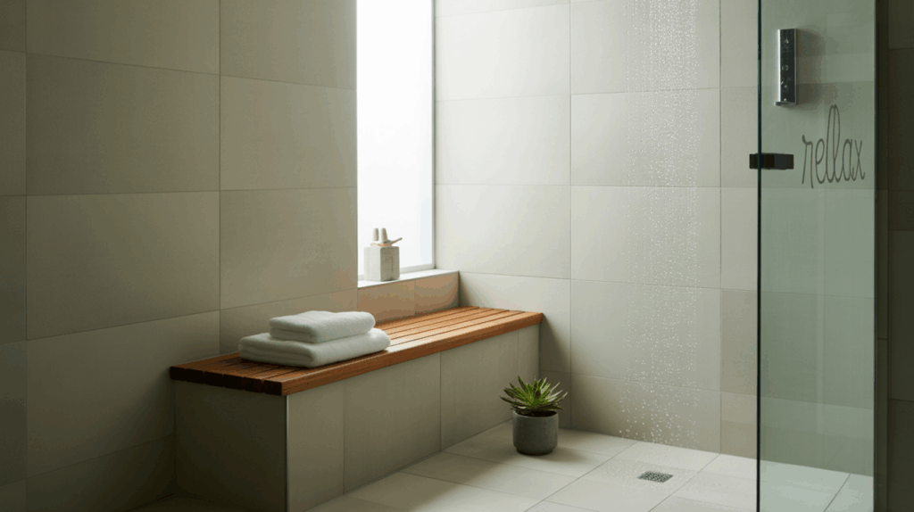 Scandinavian Bathroom with Built-In Wooden Bench
