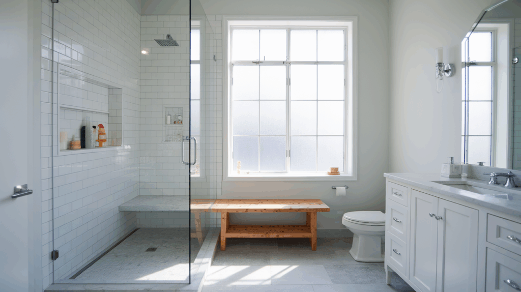 Scandinavian Bathroom with Frameless Glass Shower
