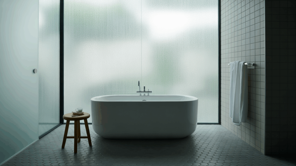Scandinavian Bathroom with Frosted Glass Windows