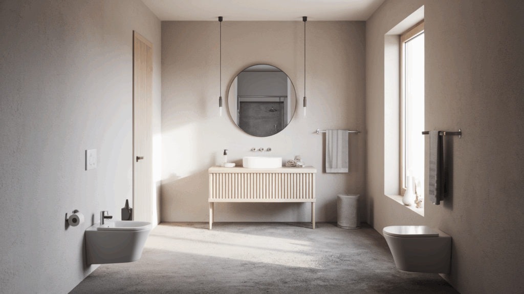 Scandinavian Bathroom with Gray Concrete Floors