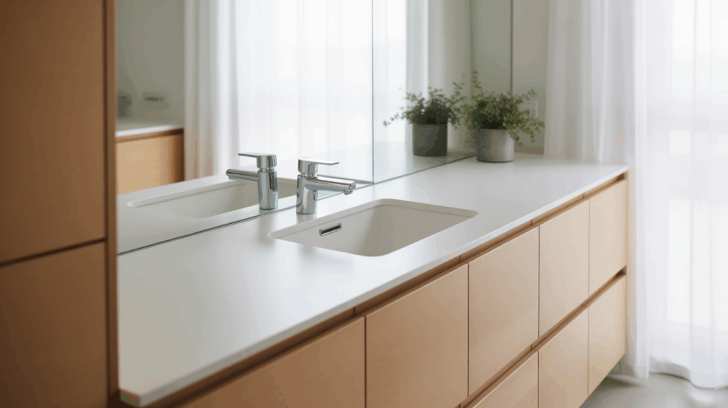 Scandinavian Bathroom with Integrated Sink and Countertop