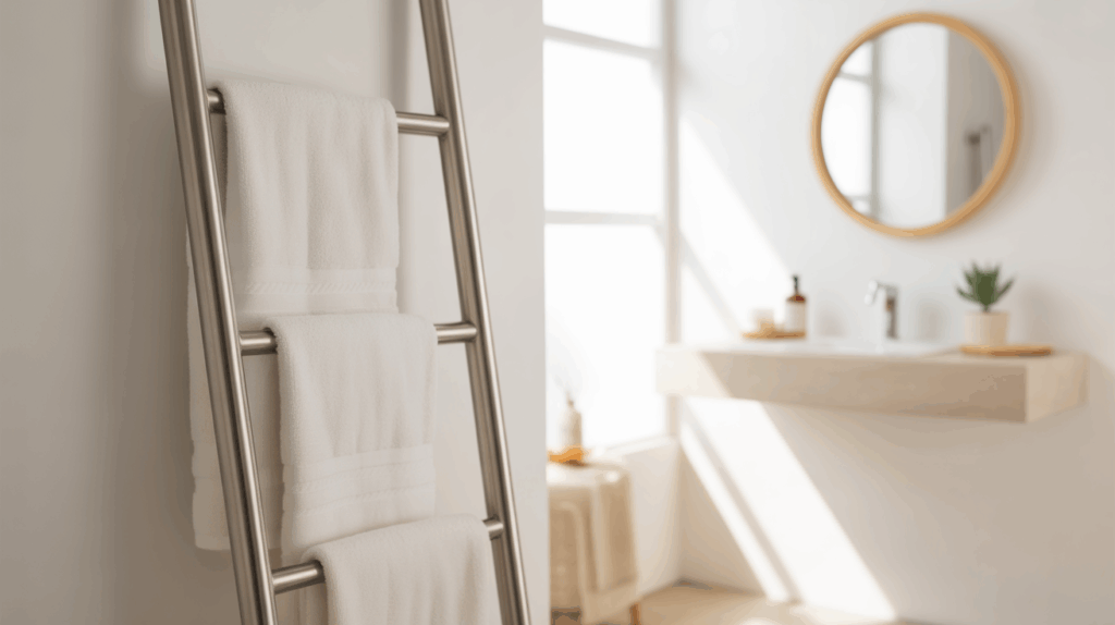 Scandinavian Bathroom with Ladder Towel Rack
