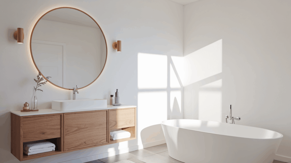 Scandinavian Bathroom with Large Round Mirror