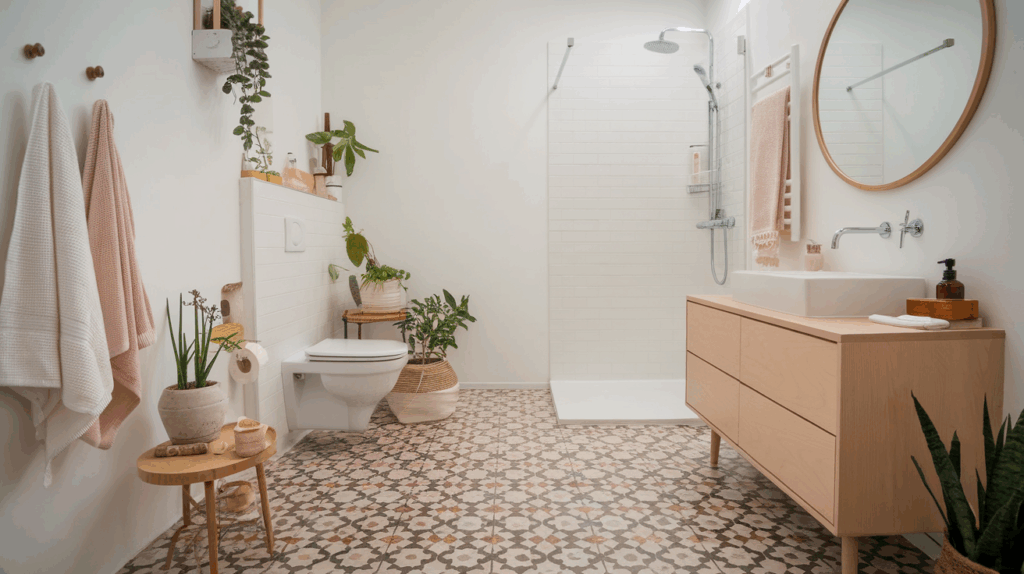 Scandinavian Bathroom with Neutral Patterned Floor Tiles