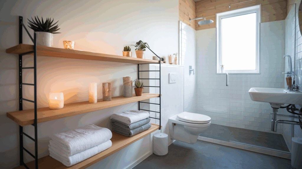 Scandinavian Bathroom with Open Shelving
