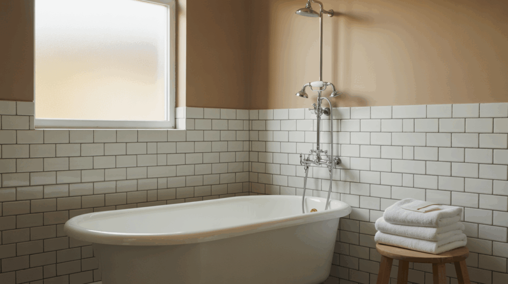 Scandinavian Bathroom with Tiled Half-Walls
