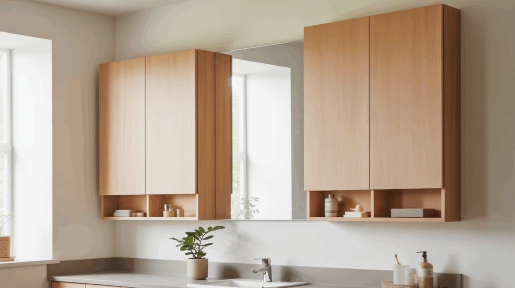 Scandinavian Bathroom with Wall-Mounted Storage Cabinets
