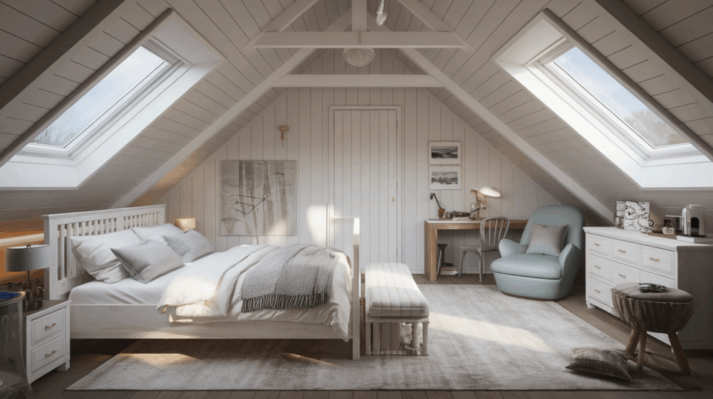 Sloped Ceilings with Skylights and Pale Tones