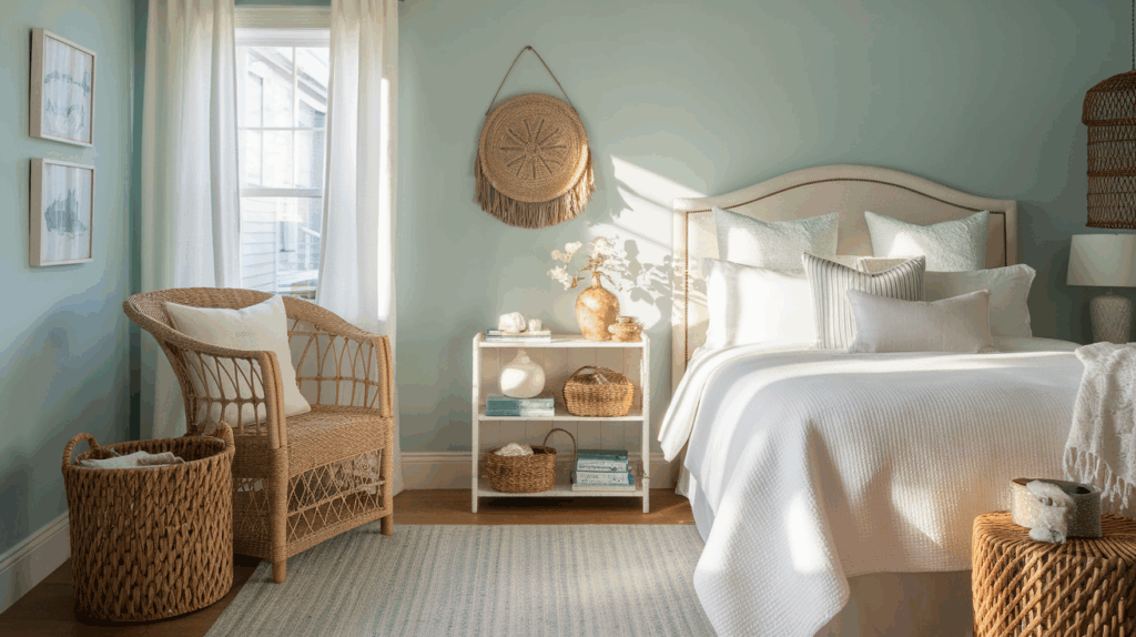 Soft Blue Walls and Wicker Accents