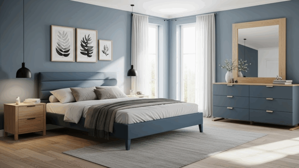 Steel Blue and Light Wood Tones
