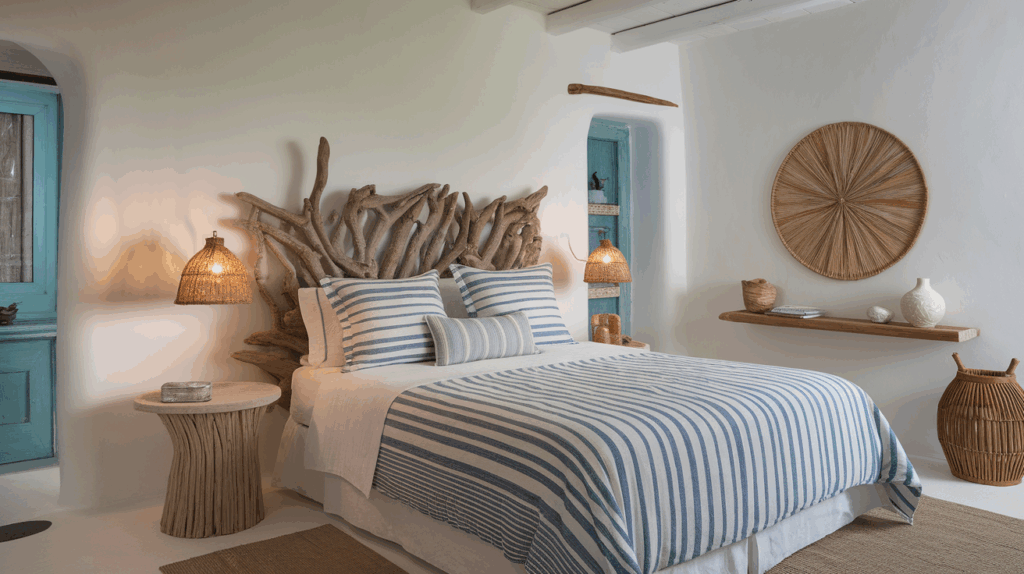 Striped Bedding with Driftwood Decor