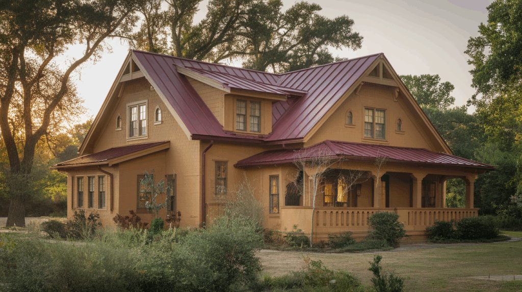 Tan House with Burgundy Roof
