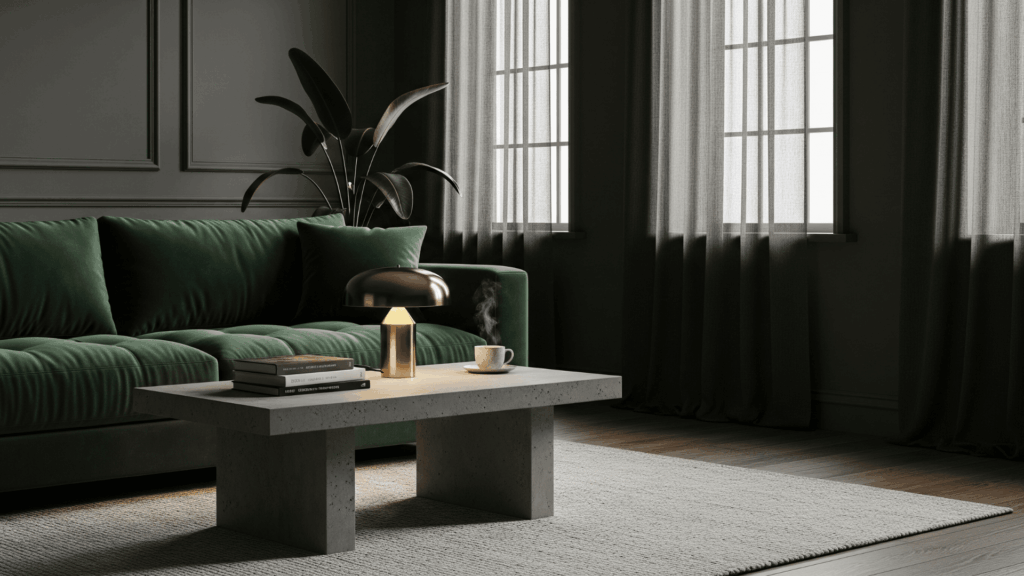 Velvet Sofas with Concrete Coffee Tables
