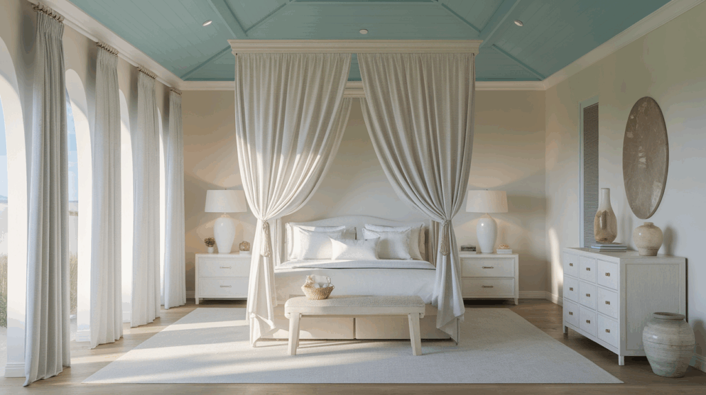 White Curtains and Pale Blue Ceilings