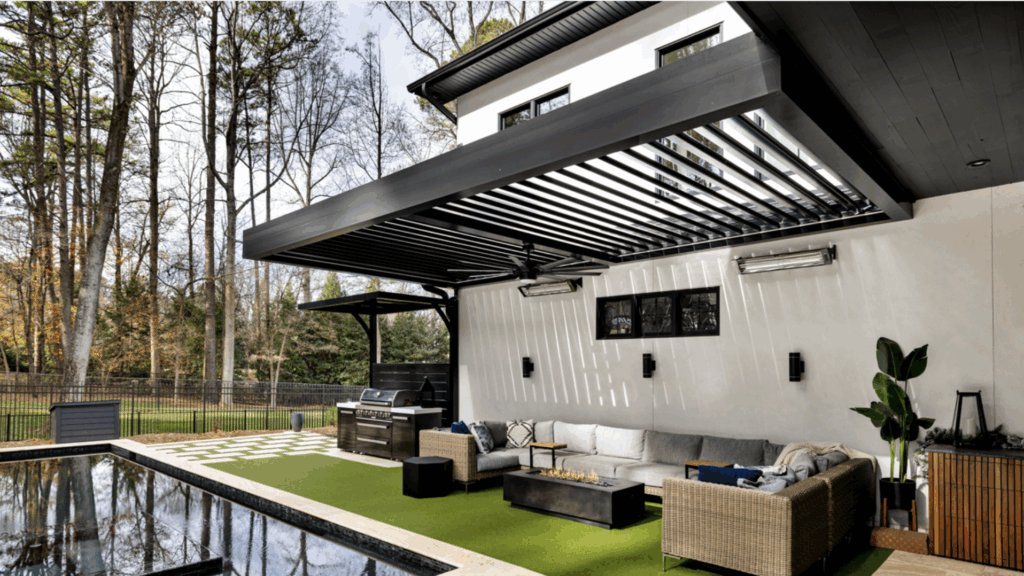White Pergola with Black Beams