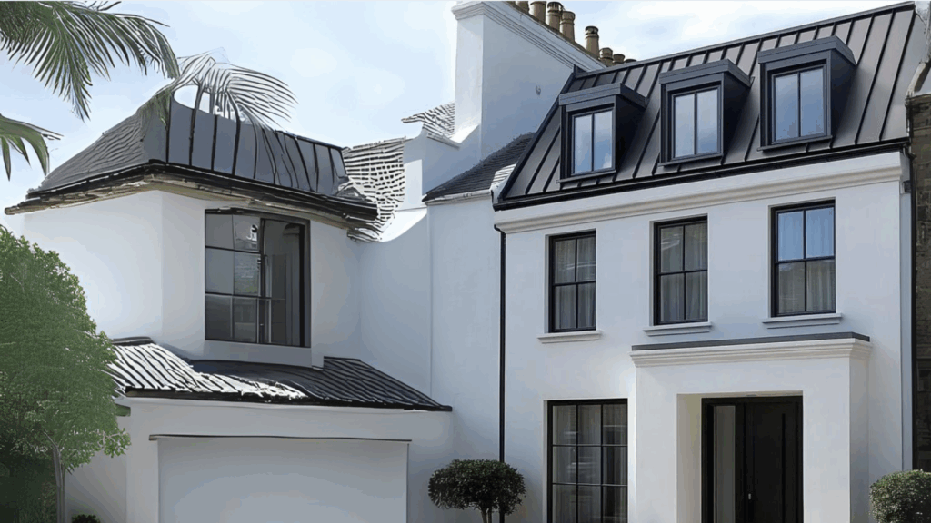 White Stucco with Matte Black Metal Detailing