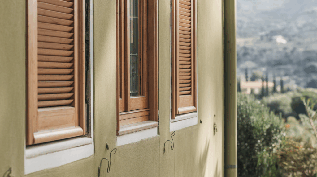 Wood-Framed Windows with Shutters