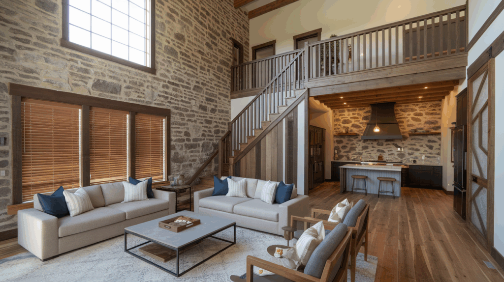 a barndominium with stone or brick accents