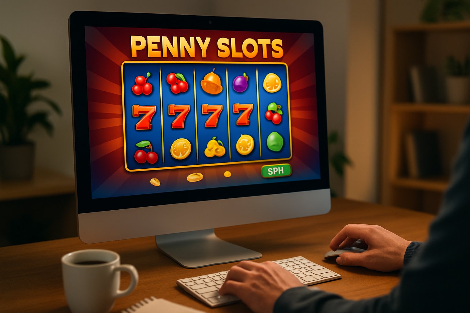 A person playing a colorful penny slot game on a laptop in a cozy room with a coffee cup nearby.