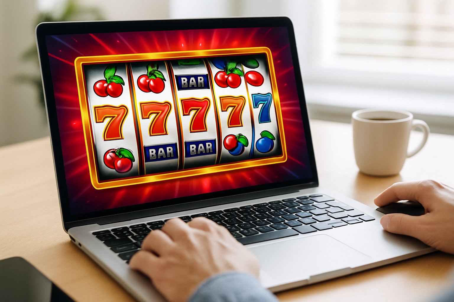 A person playing an online slot machine game on a laptop in a bright workspace.