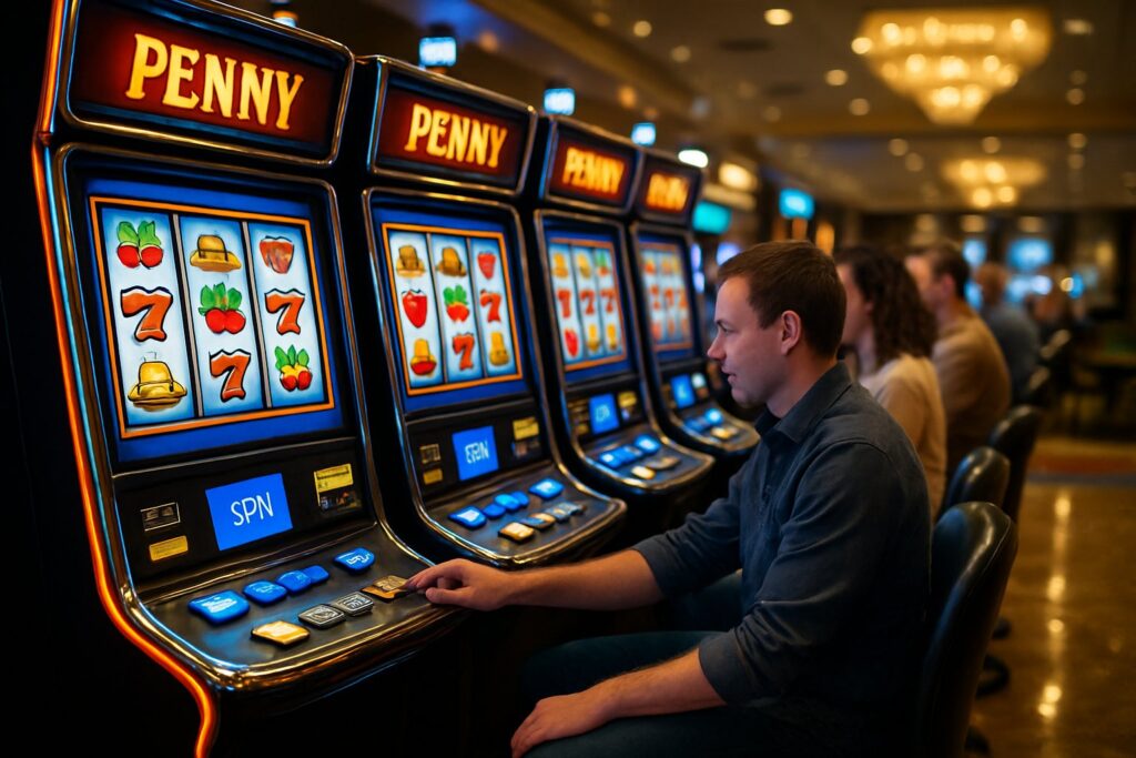 A row of brightly lit penny slot machines in a casino with people playing and colorful reels spinning.