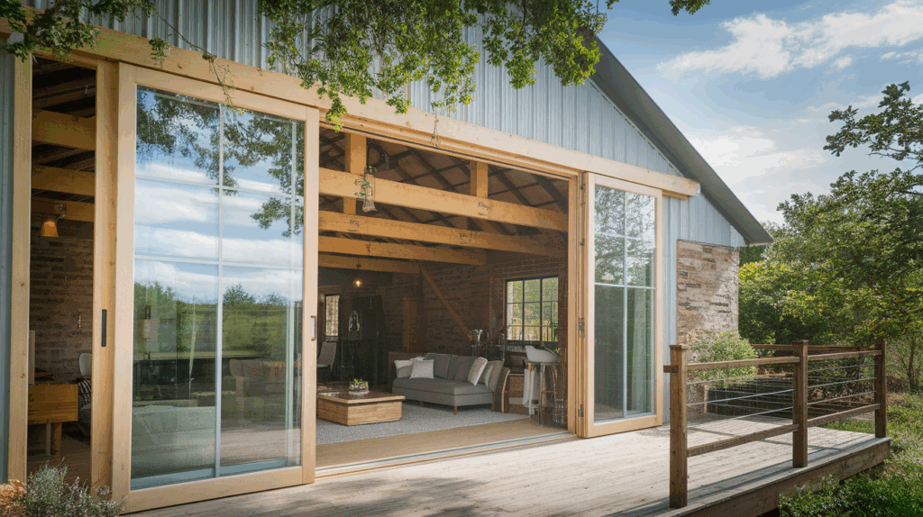 barndominium with large sliding glass doors