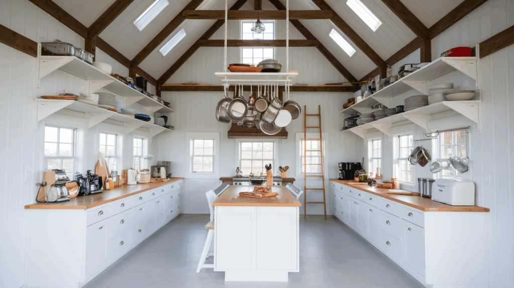 barndominium with tall shelves, wall-mounted cabinets,