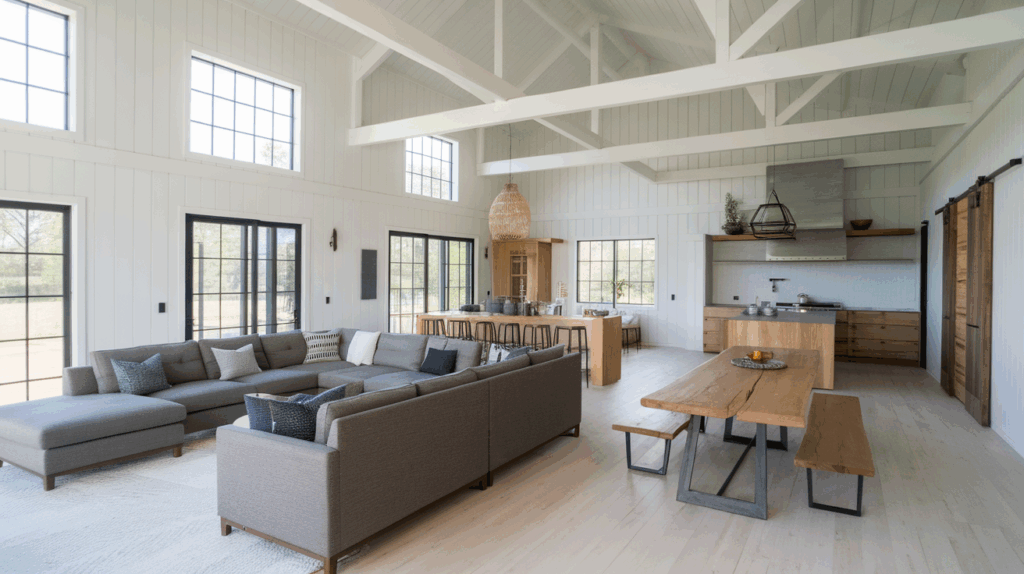 open-concept living area in a barndominium