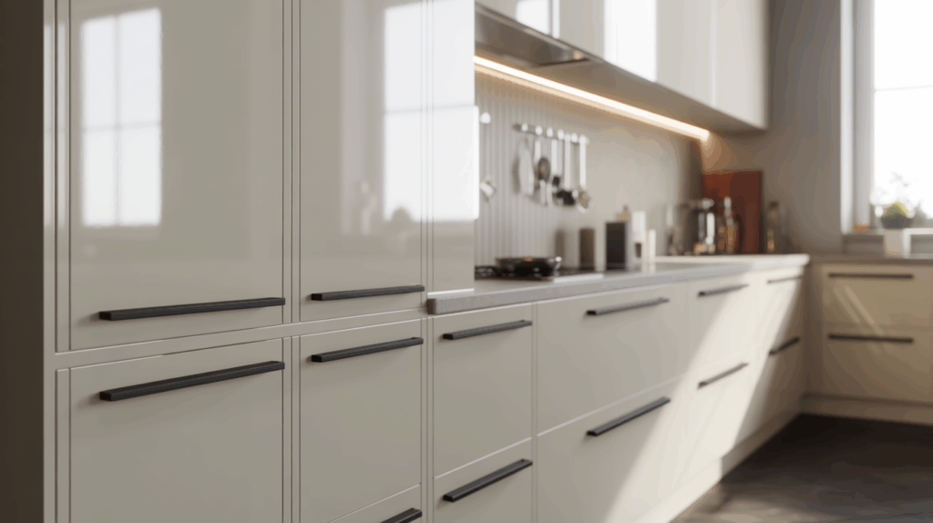 10. Glossy Cabinets with Black Bar Pulls