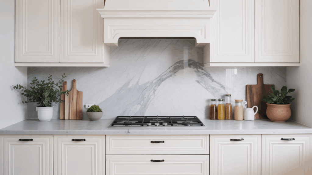 5. Black Hardware with Marble Backsplash