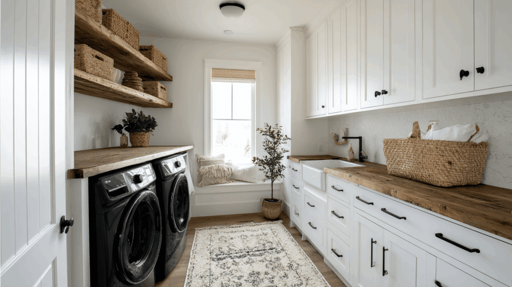 Farmhouse Laundry with Black Hinges